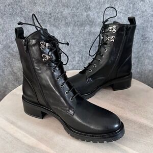 Women's Black Leather Lace-Up Combat Boots with Side Zipper